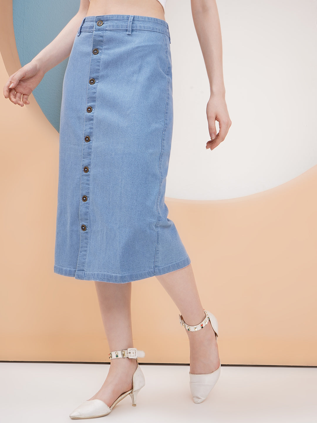 PUELLA Women’s Light Blue Button-Down Denim Midi Skirt