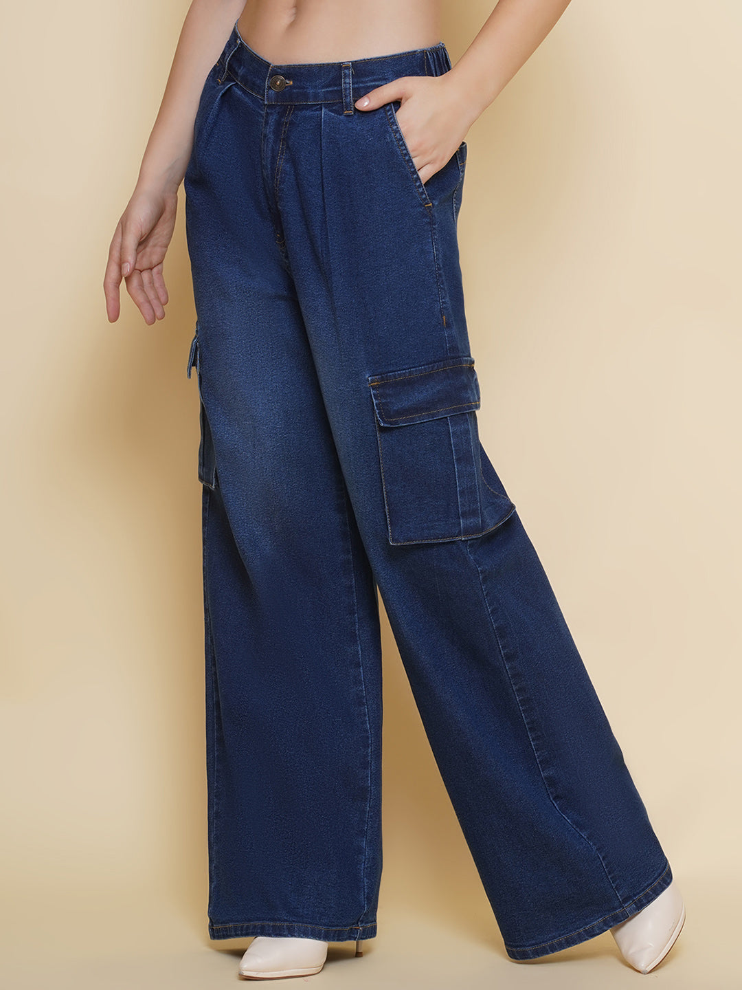 PUELLA Women Dark Blue High-Rise Wide-Leg Cargo Jeans