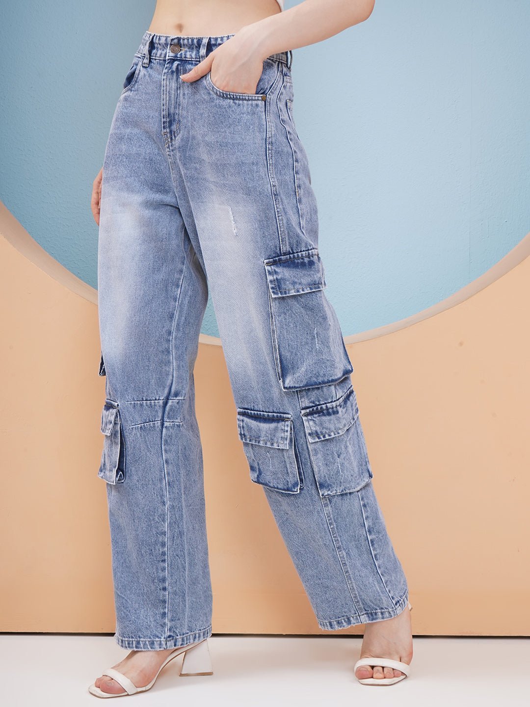 PUELLA Women Ice Blue High-Rise Cargo Wide-Leg Jeans