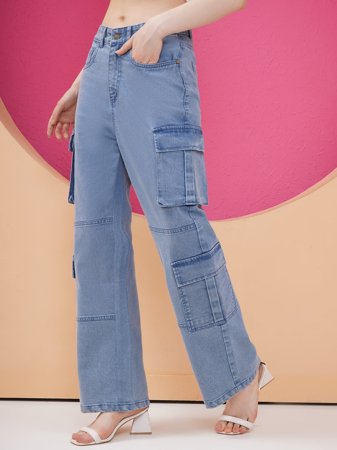 PUELLA Women Light Blue High-Rise Cargo Wide-Leg Jeans