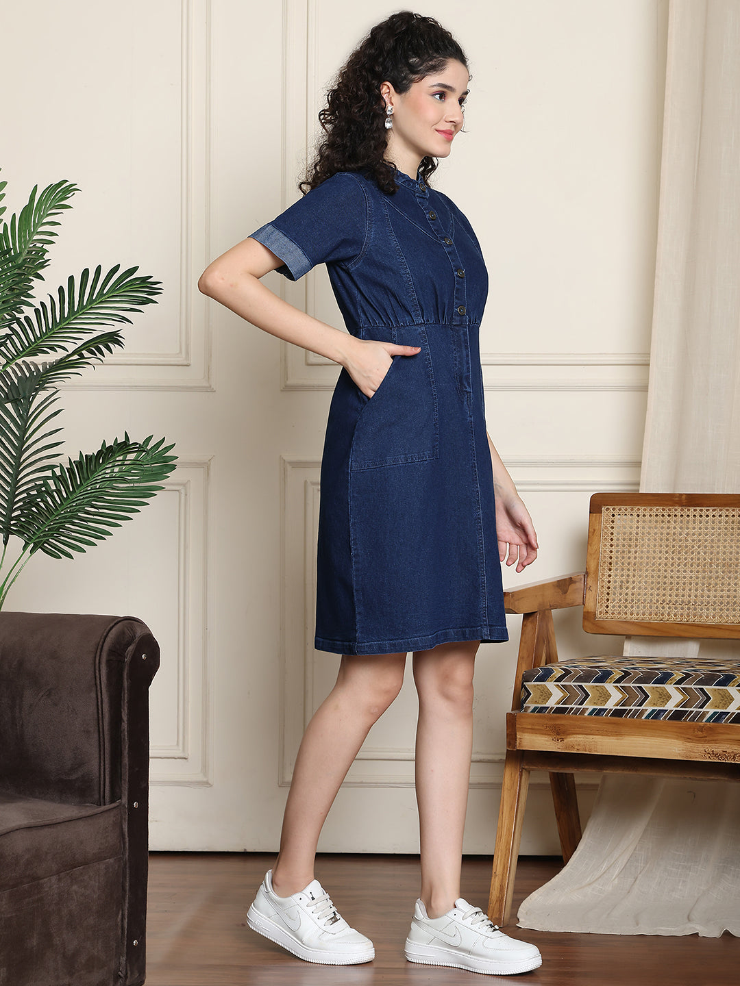 PUELLA Women’s Dark Blue Short Sleeve Denim Shirt Dress
