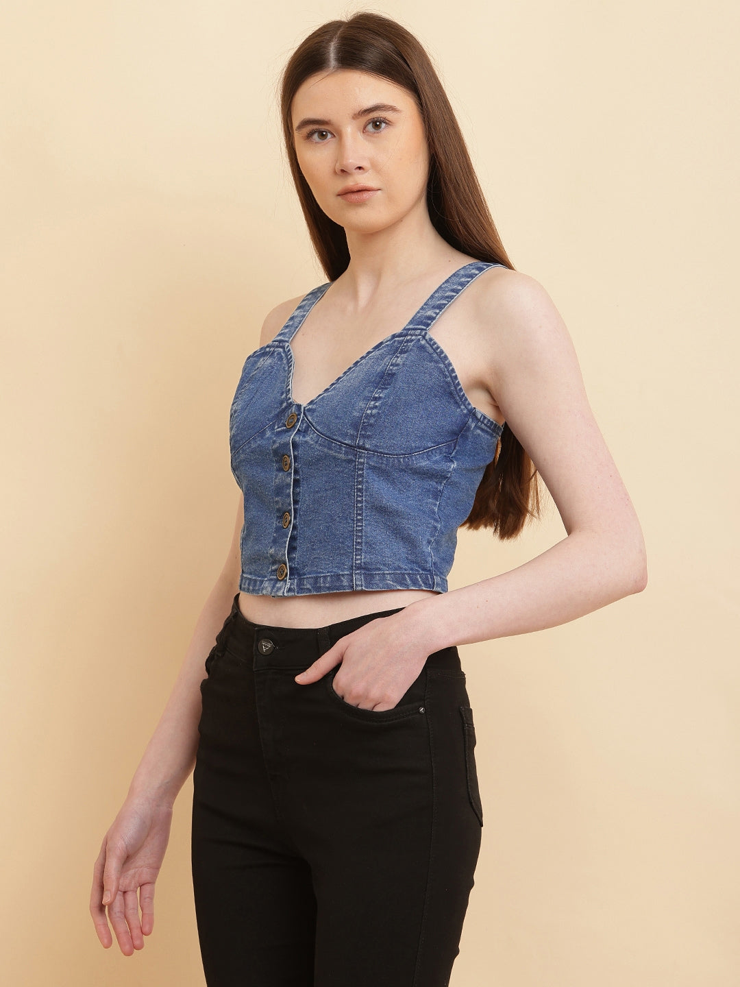 PUELLA Women’s Blue Washed Denim Button-Front Crop Top