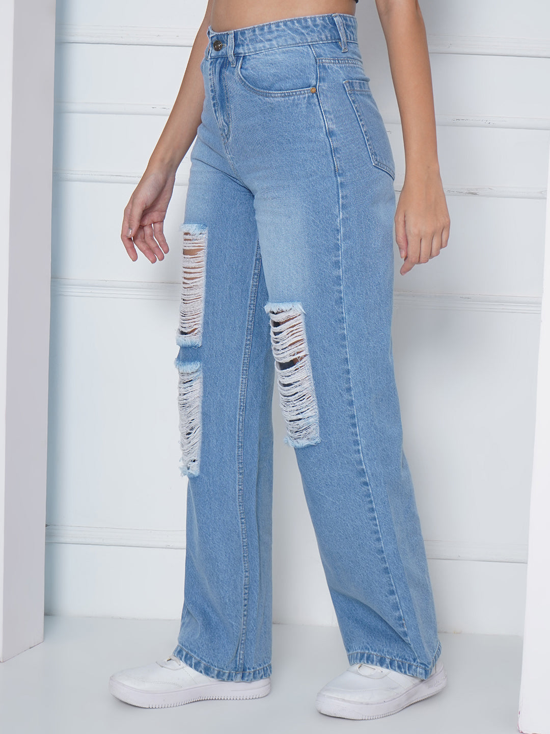 PUELLA Women Light Blue High-Rise Distressed Wide-Leg Jeans