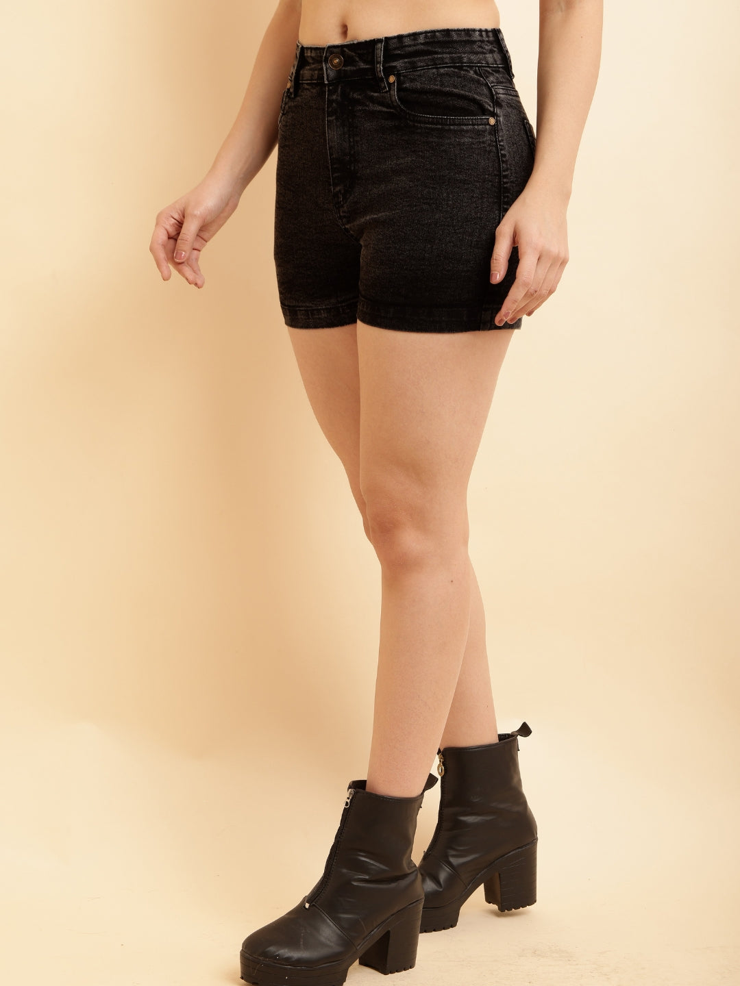 PUELLA Women Charcoal High-Rise Slim Fit Denim Shorts