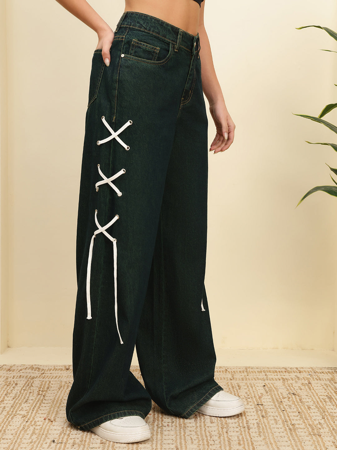Women’s Green Tint High-Rise Loose Fit Jeans with Side Lace-Up Detail