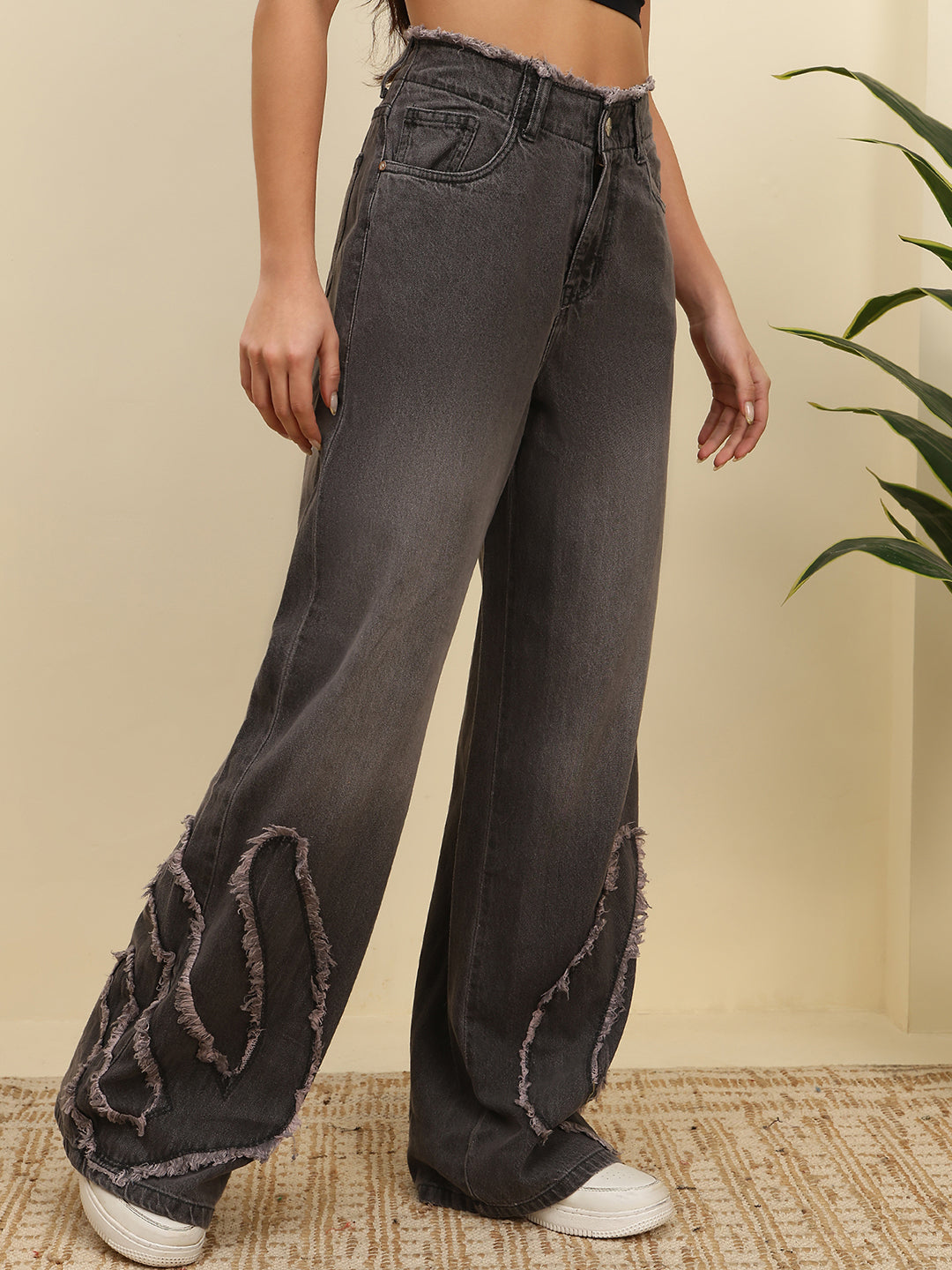 Women’s Grey High-Rise Baggy Fit Distressed Jeans