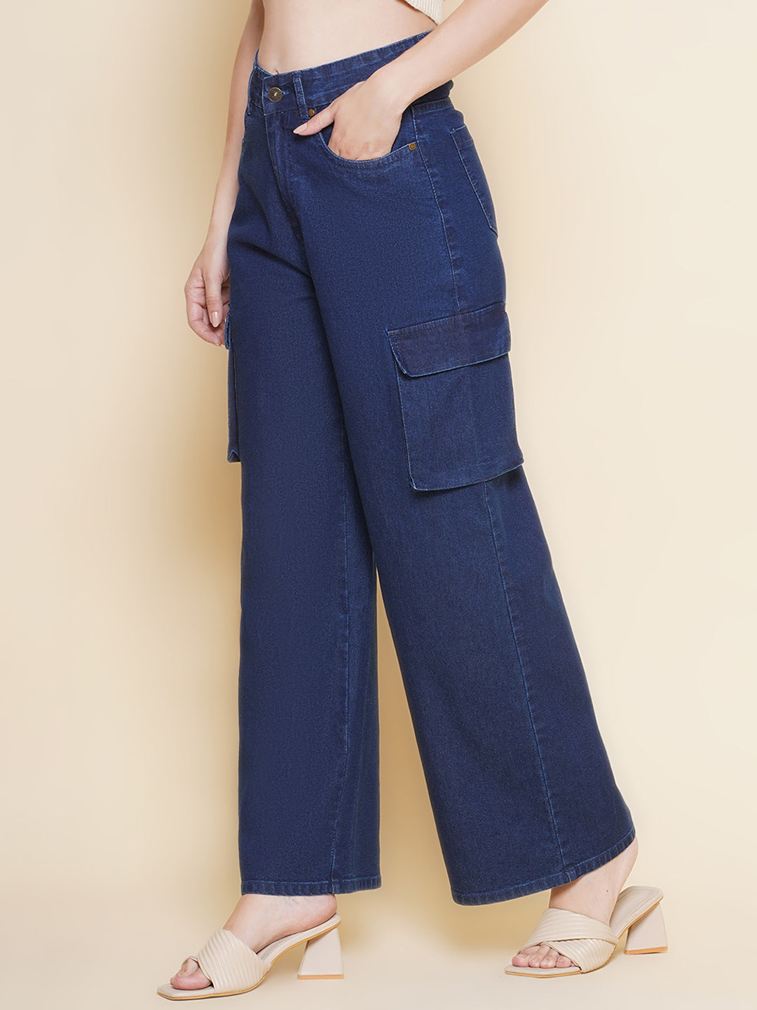 PUELLA Women’s Dark Blue Cargo Wide-Leg Jeans