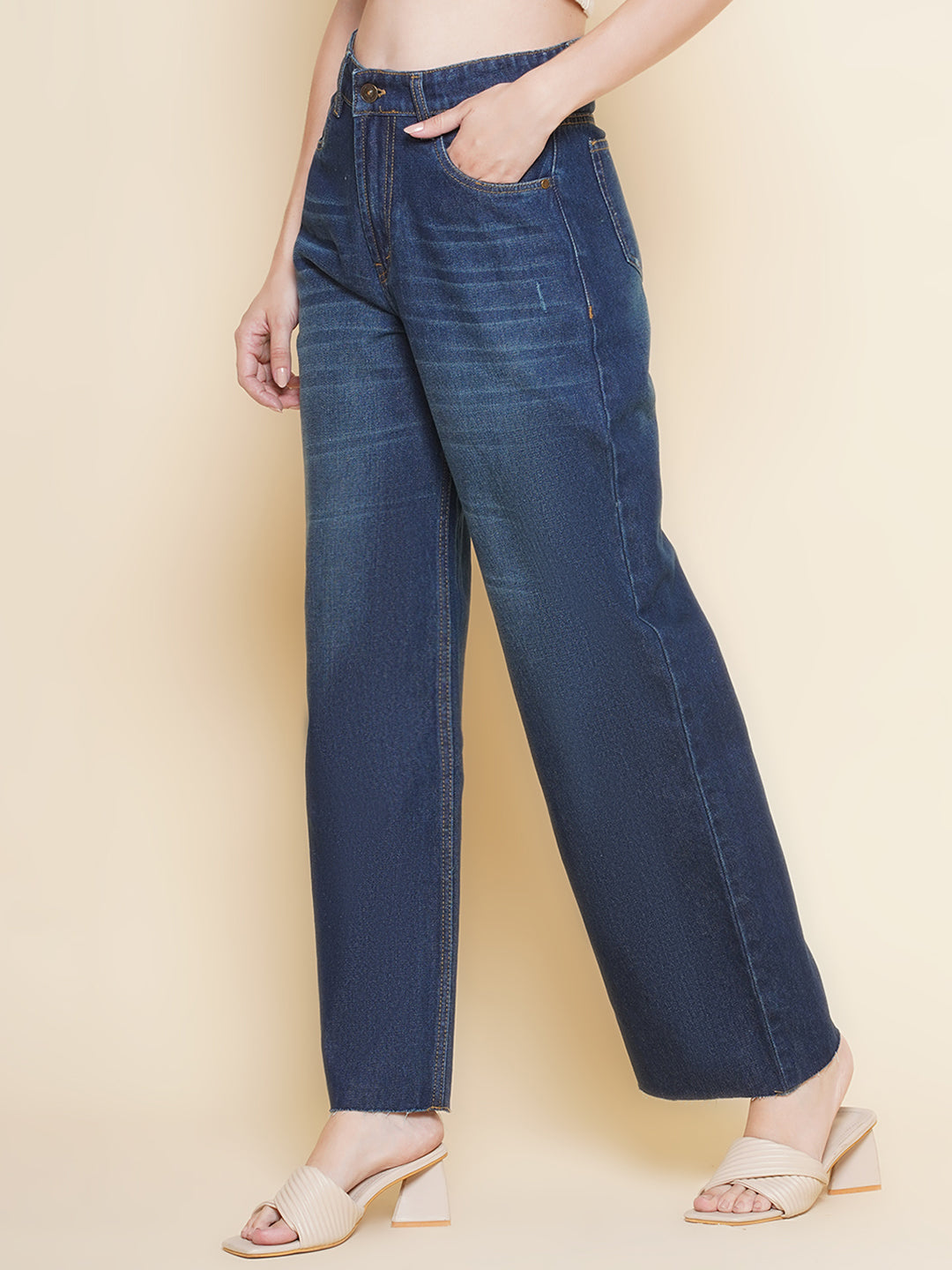 PUELLA Women’s Dark Blue High-Rise Wide-Leg Jeans