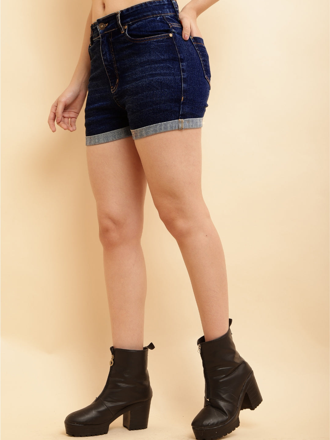 PUELLA Women Dark Blue Washed High-Rise Regular Fit Denim Shorts