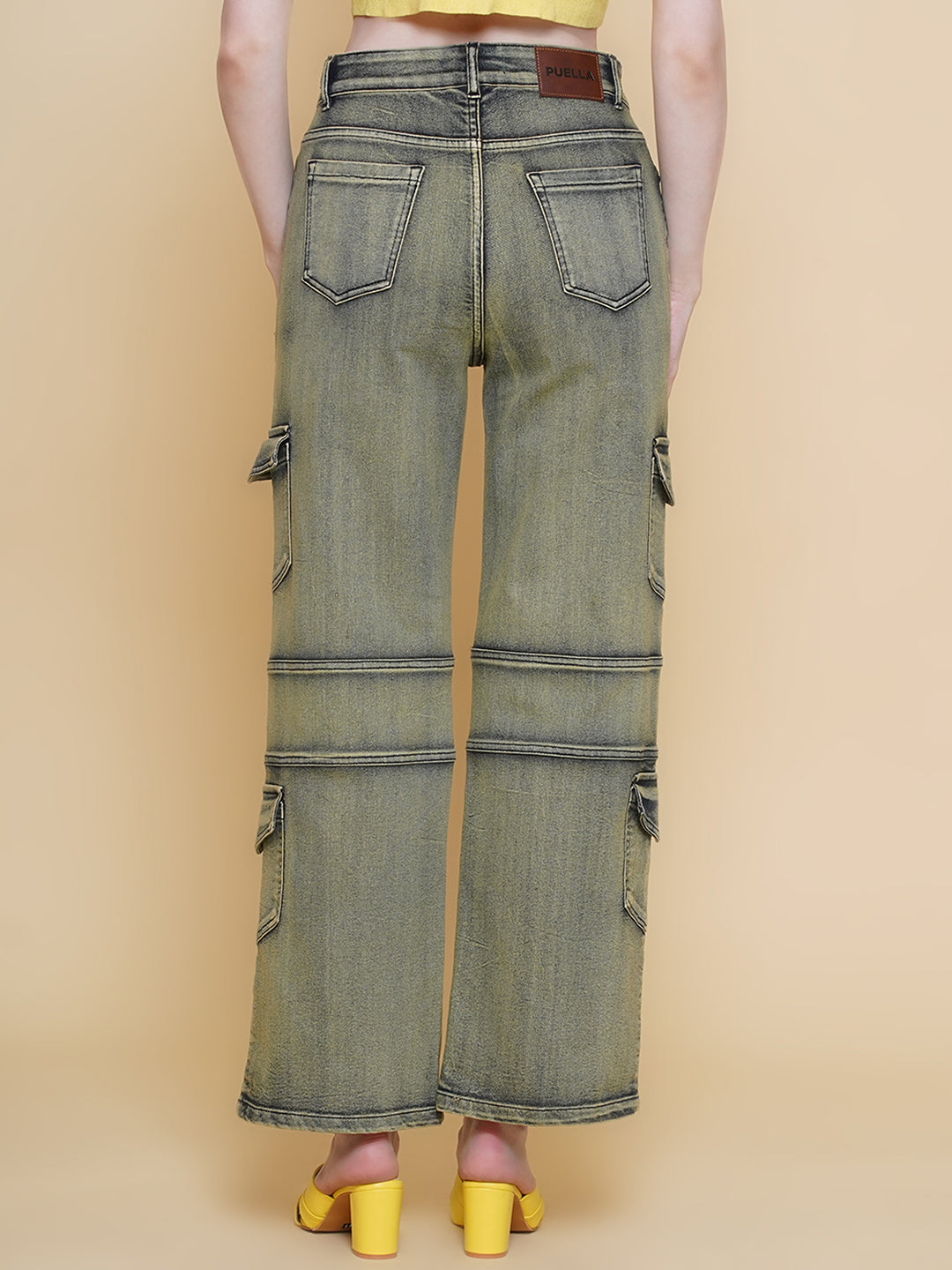 PUELLA Women Olive-Yellow Washed High-Rise Cargo Jeans