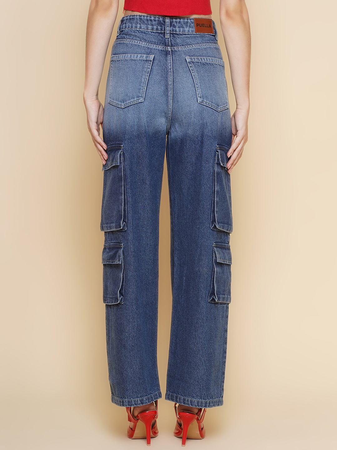 PUELLA Women Blue High-Rise Distressed Cargo Jeans