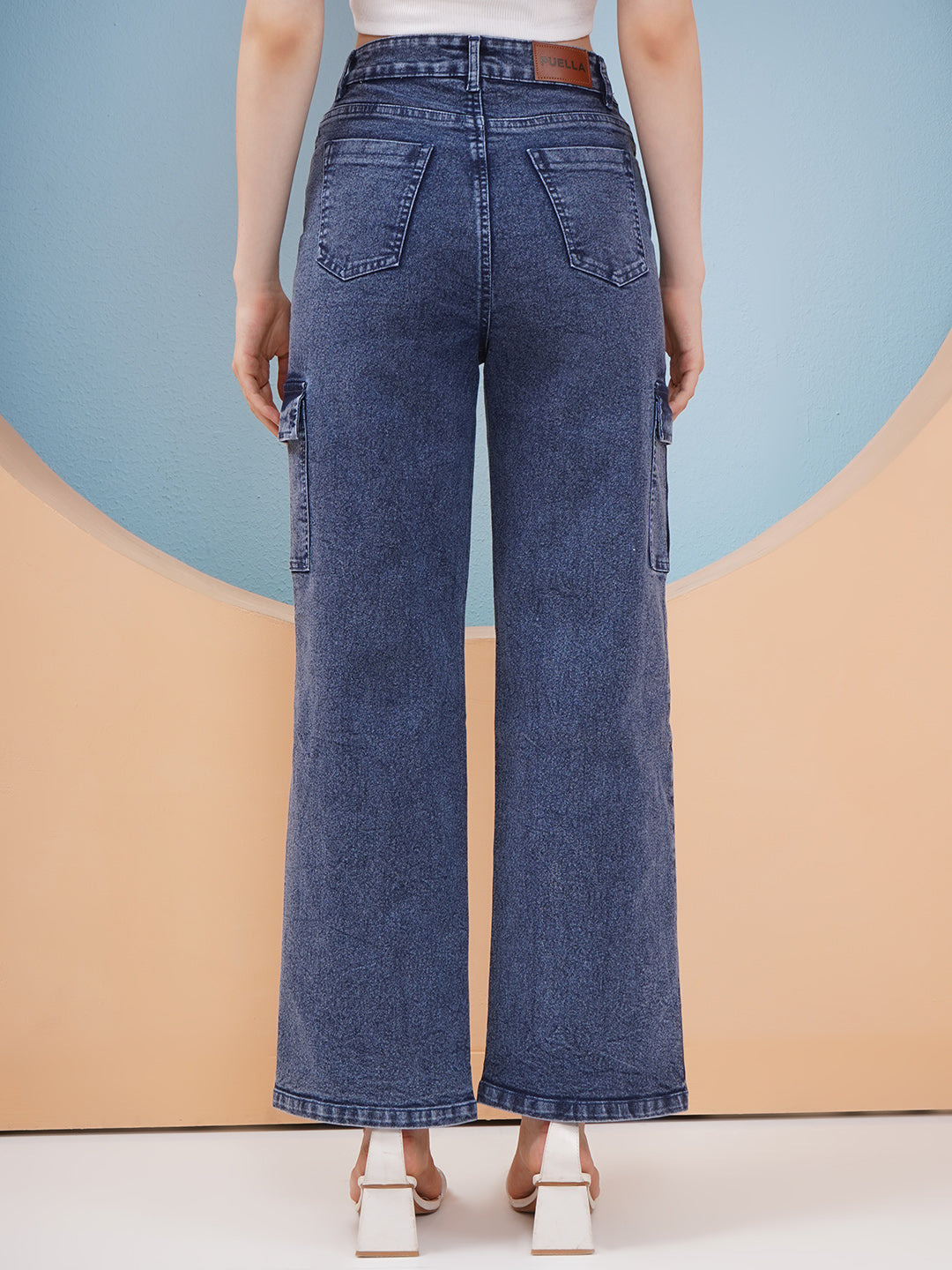PUELLA Women Dark Blue High-Rise Cargo Wide-Leg Jeans