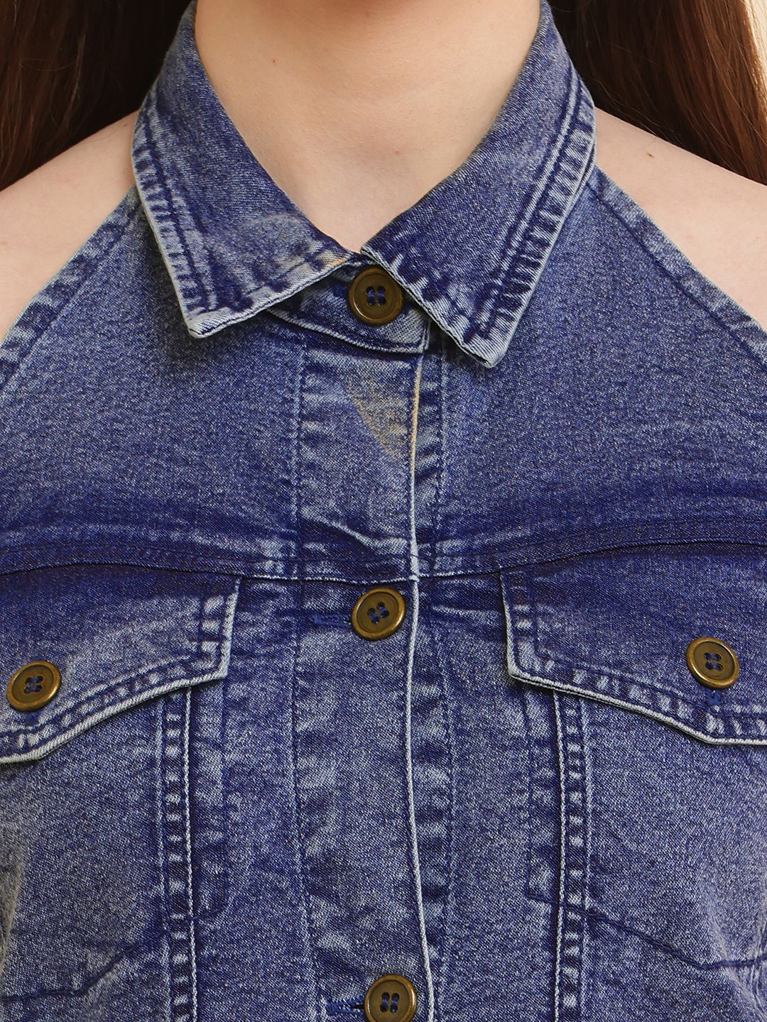 PUELLA Women Blue Solid Denim Halter Neck Mini Dress