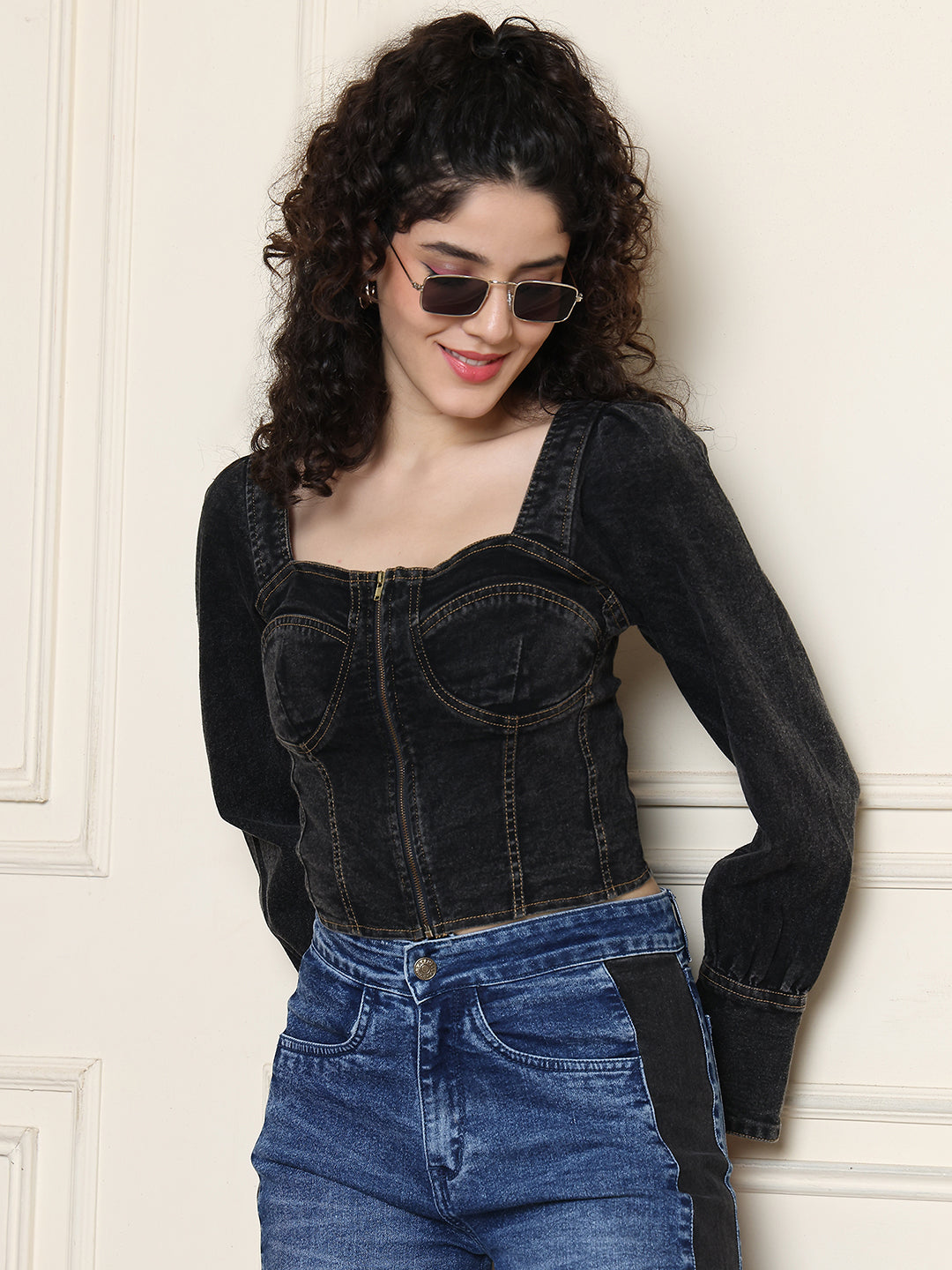 PUELLA Women’s Black Denim Corset Top | Full Sleeve Front Zipper Western Crop Top for Party, Casual & Clubwear