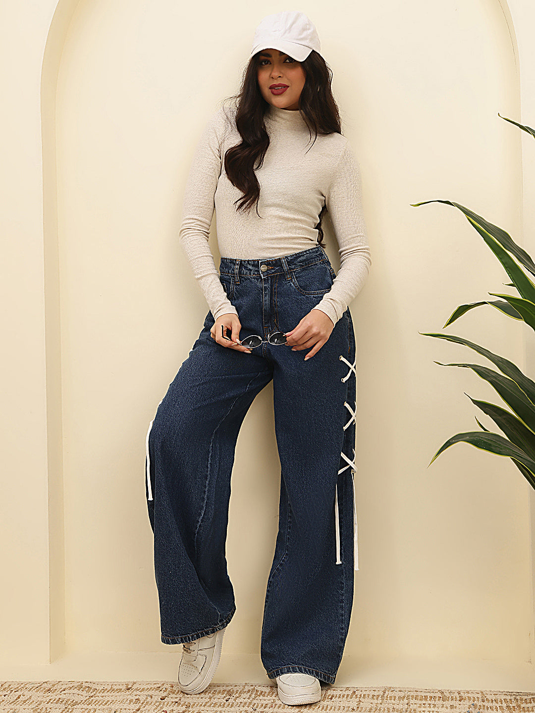 Women’s Dark Blue High-Rise Loose Fit Jeans with Side Lace-Up Detail