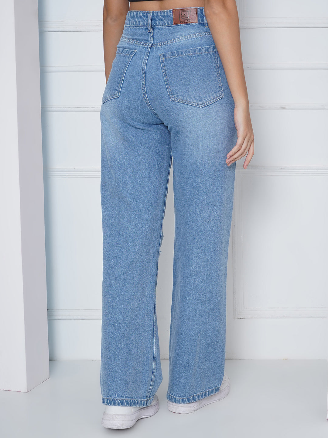 PUELLA Women Light Blue High-Rise Distressed Wide-Leg Jeans