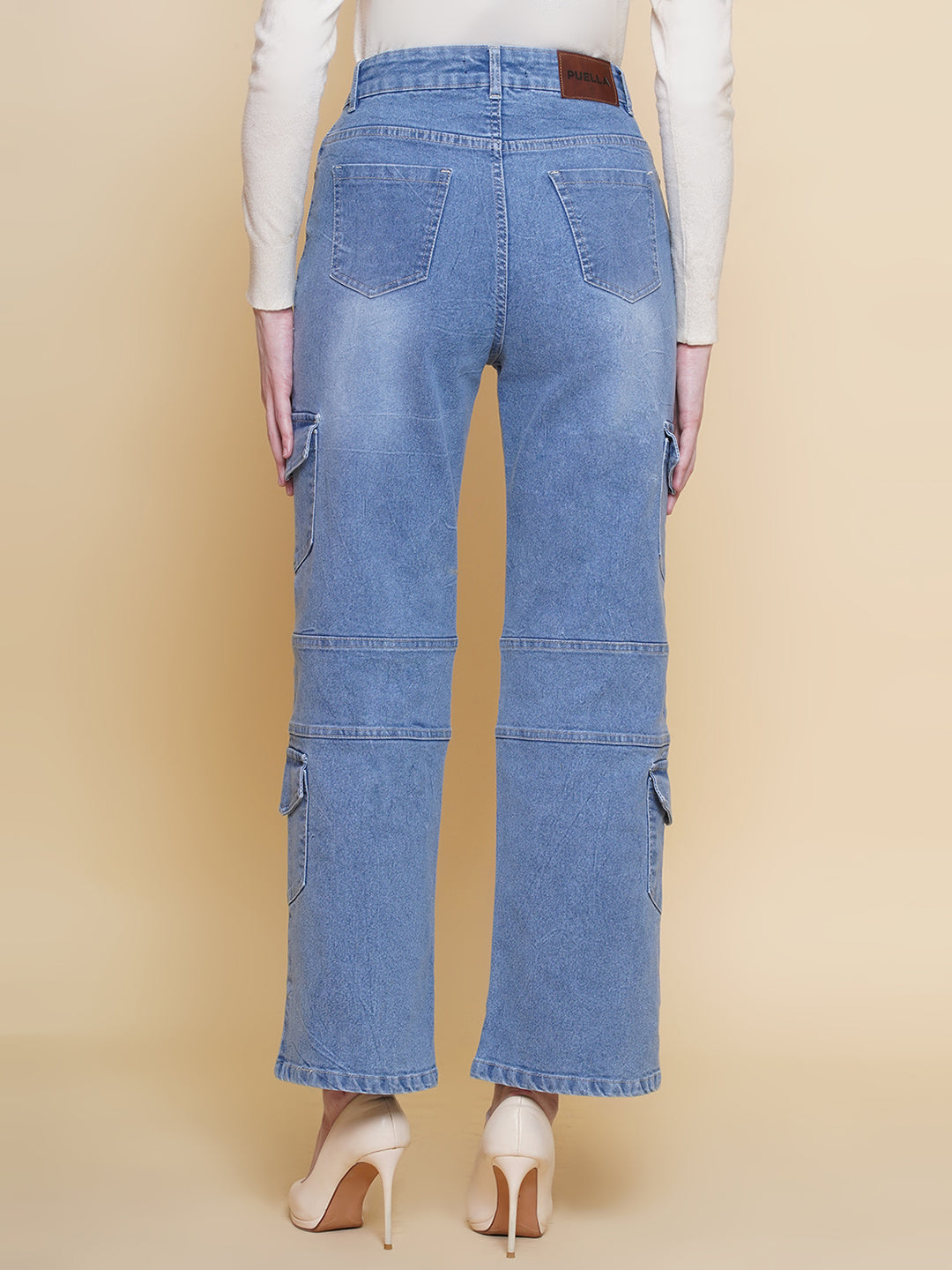 PUELLA Women Light Blue High-Rise Straight Cargo Jeans