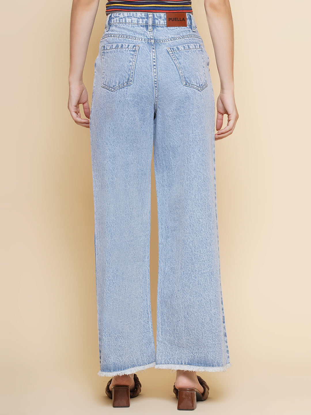 PUELLA Women Light Blue High-Rise Distressed Wide-Leg Jeans