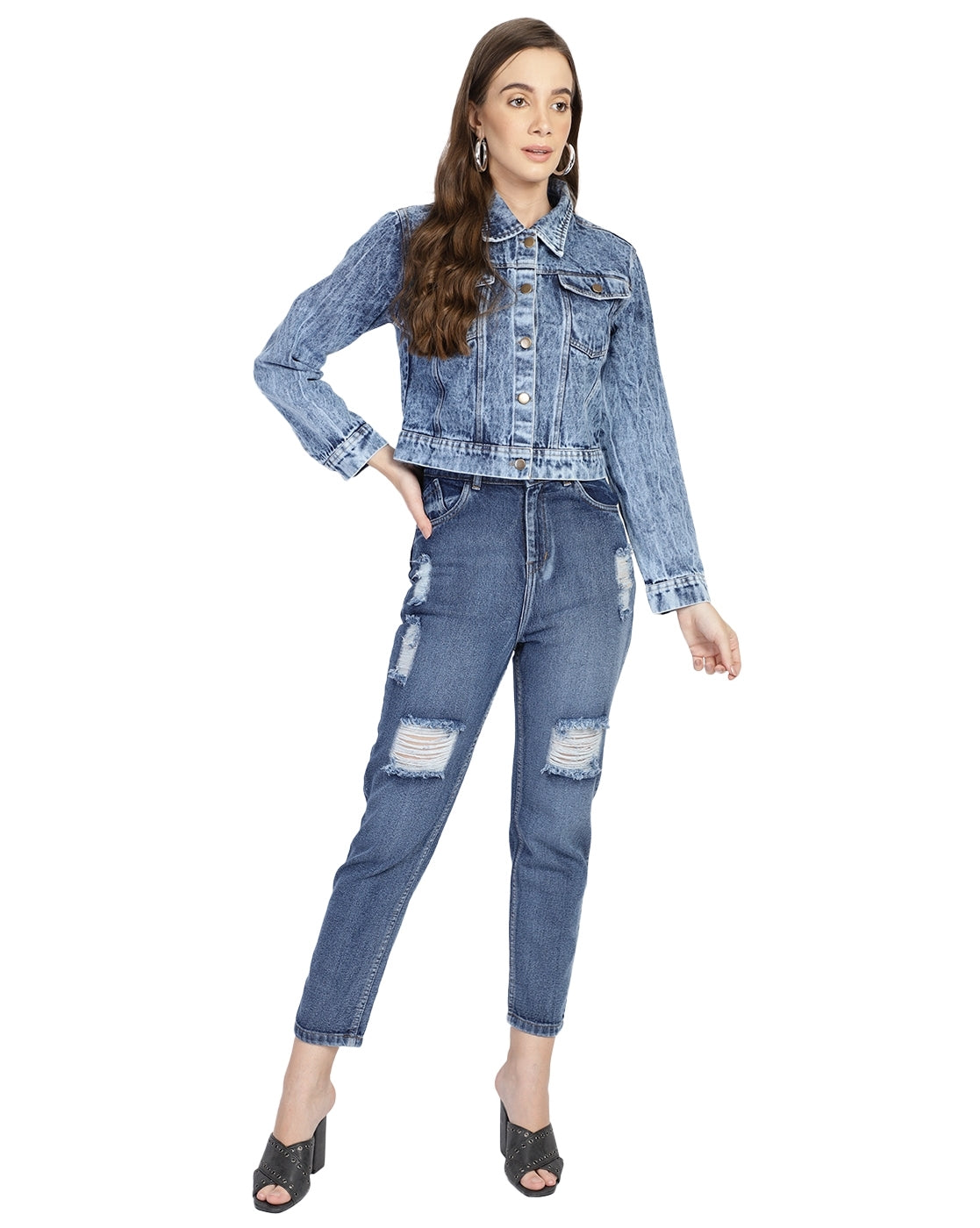 PUELLA Women’s Light Blue Acid Wash Cropped Denim Jacket with Button Closure