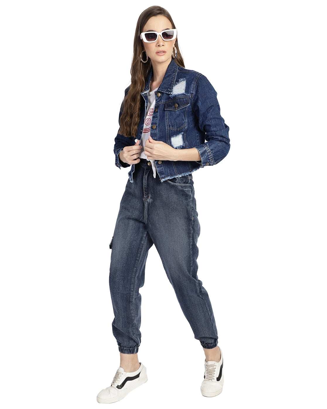 PUELLA Women Blue Distressed Cropped Denim Jacket