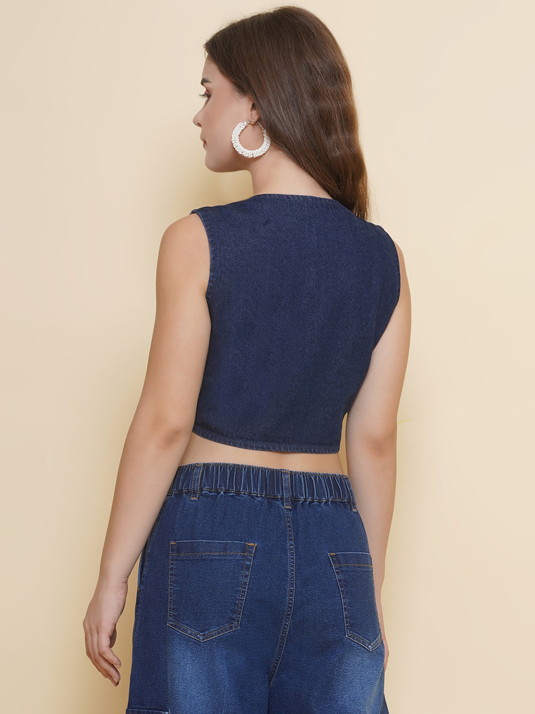PUELLA Women’s Dark Blue Denim Sleeveless Crop Top with V-Neck & Button Front