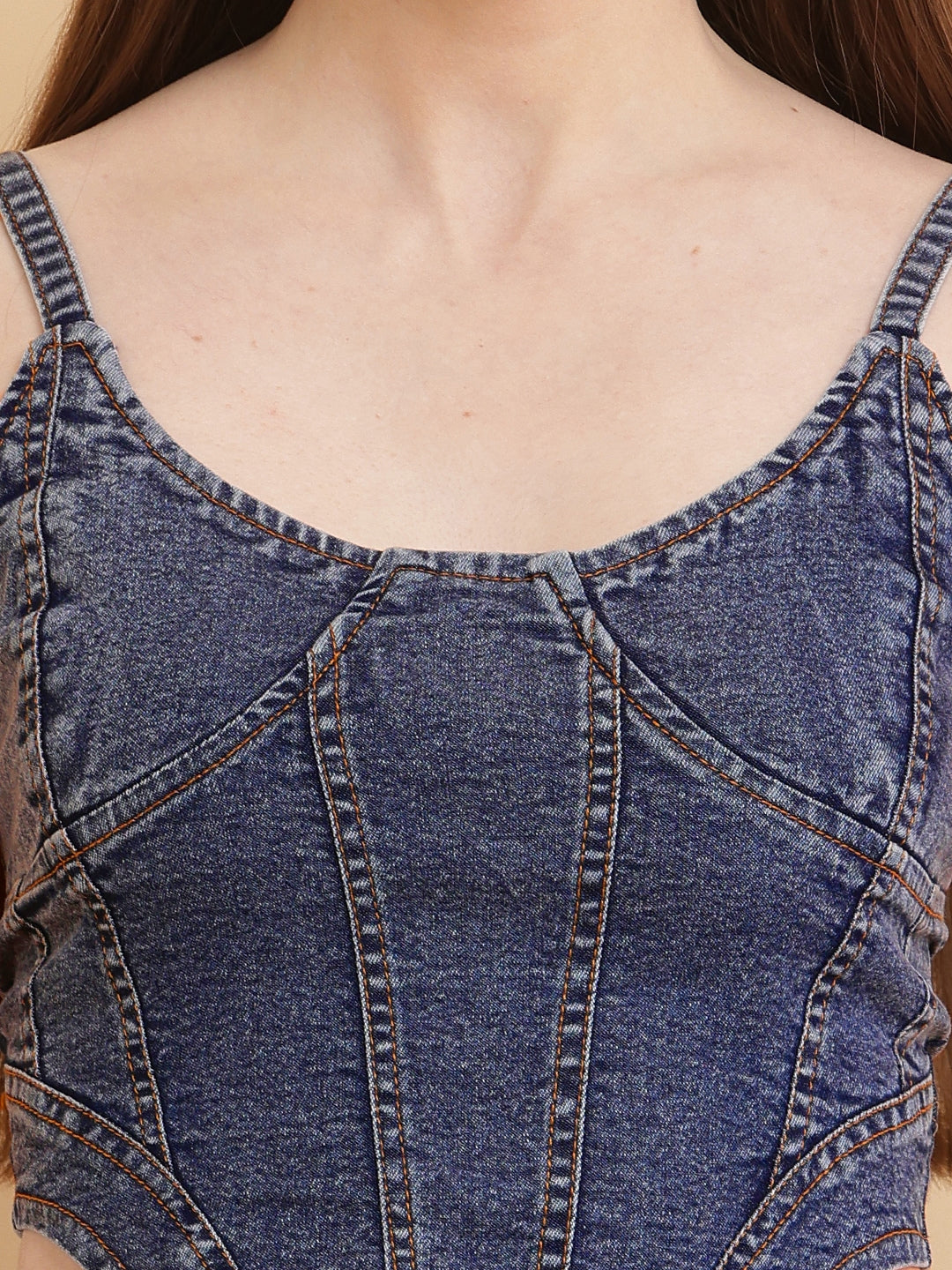 PUELLA Women’s Washed Blue Denim Corset-Style Crop Top with Spaghetti Straps