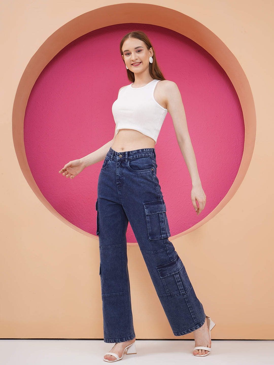 PUELLA Women Dark Blue High-Rise Cargo Wide-Leg Jeans