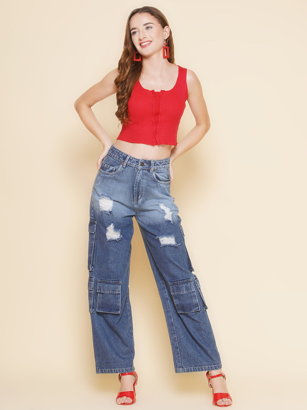 PUELLA Women Blue High-Rise Distressed Cargo Jeans