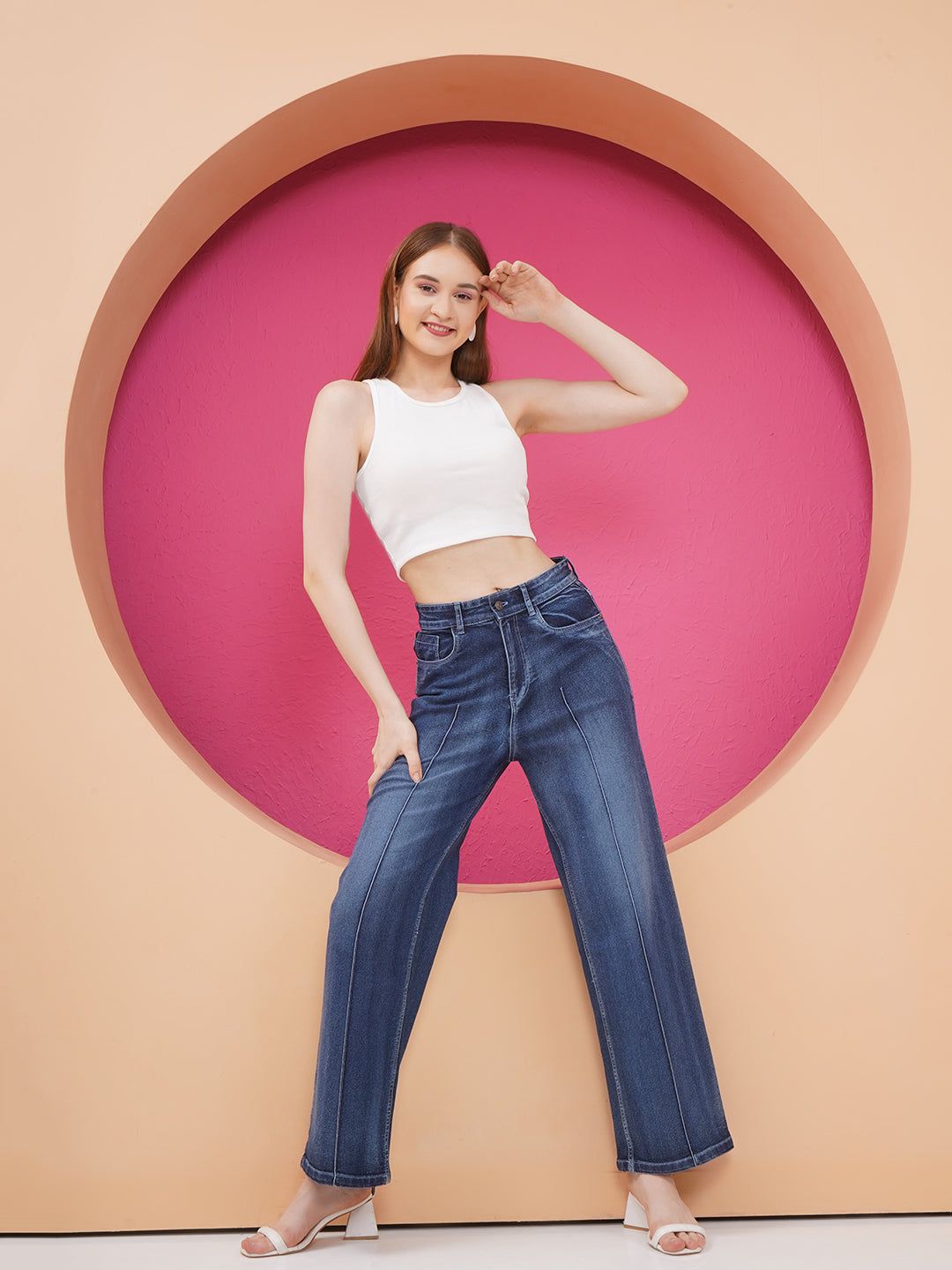 PUELLA Women Dark Blue High-Rise Wide-Leg Jeans