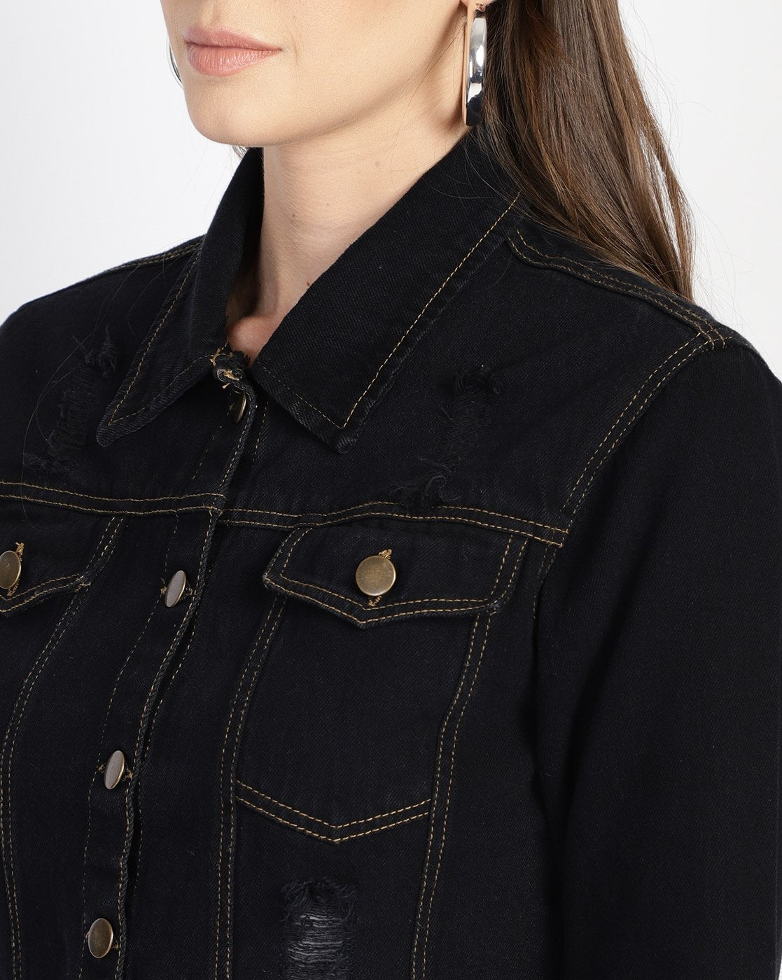 PUELLA Women’s Black Cropped Denim Jacket with Distressed Detailing