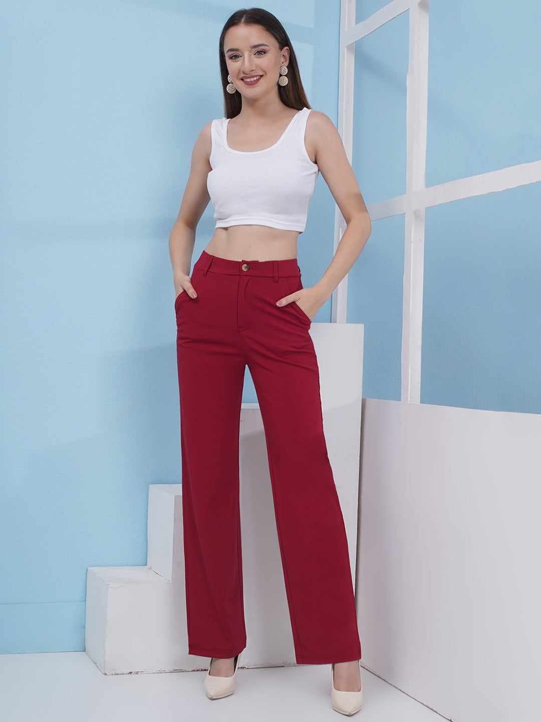 PUELLA Regular Fit Black Color Knitted Fabric Trouser Pant For Women