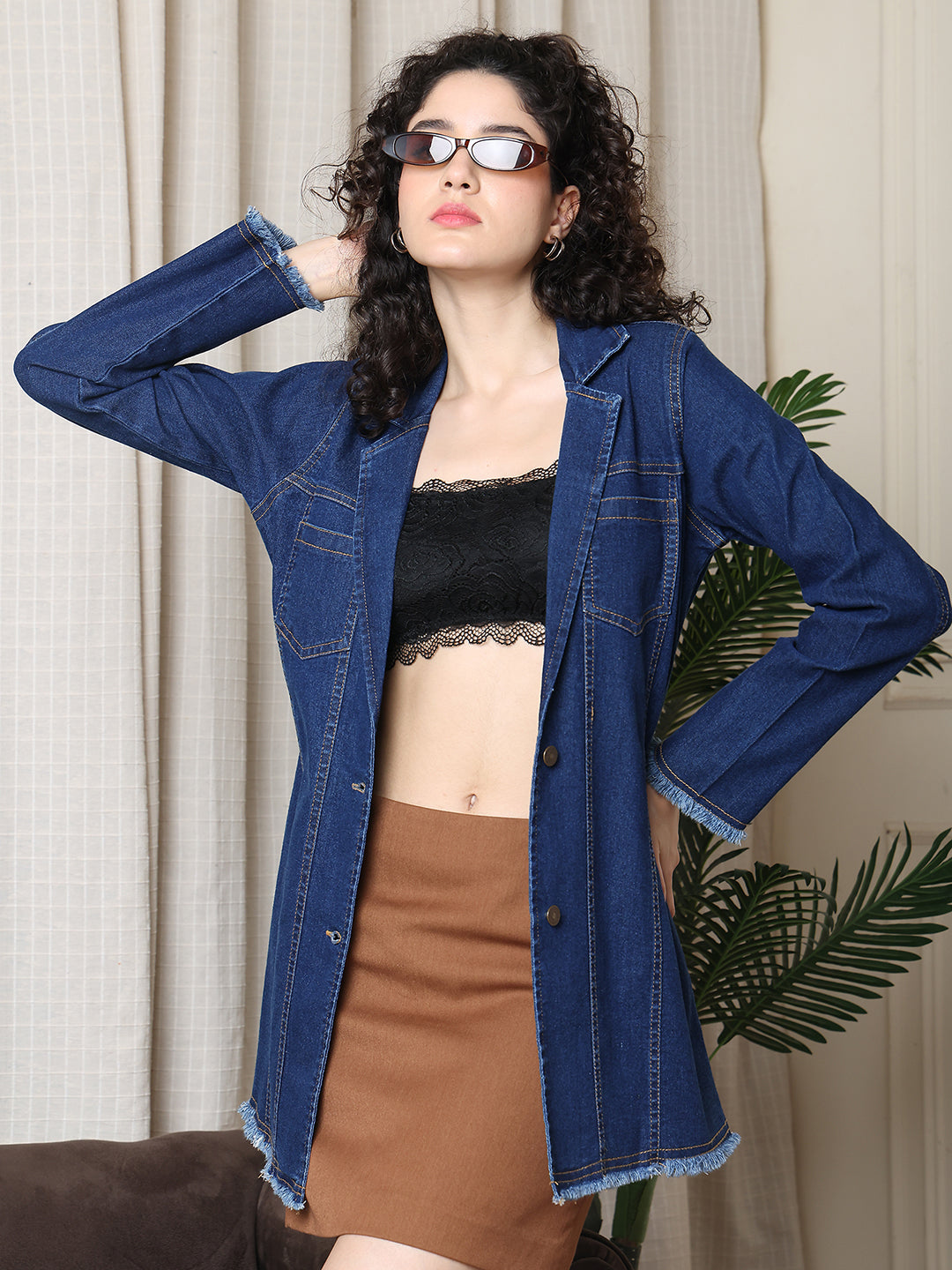 PUELLA Women’s Dark Blue Denim Blazer Style Mini Dress with Long Sleeves