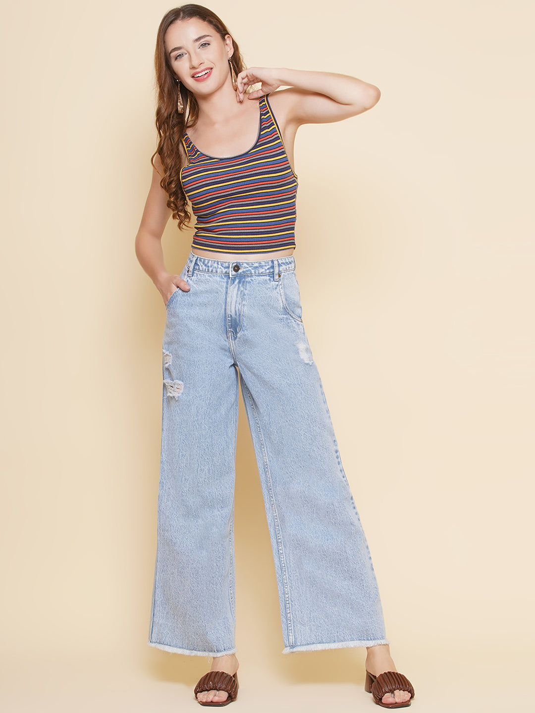 PUELLA Women Light Blue High-Rise Distressed Wide-Leg Jeans