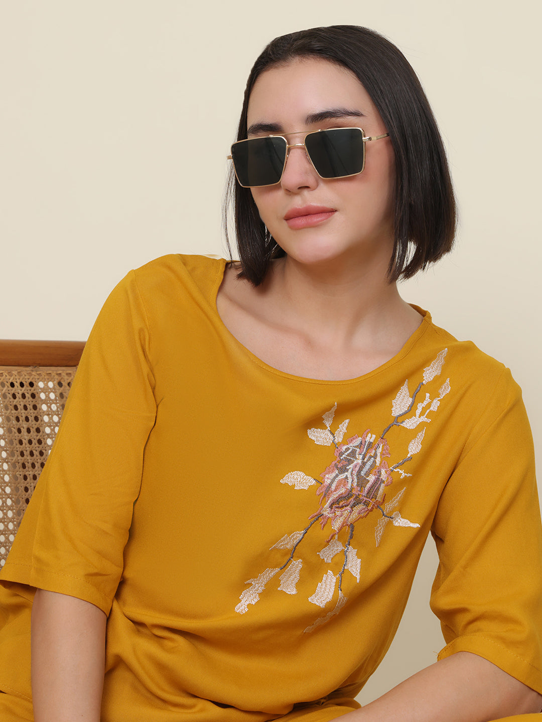 PUELLA Women Mustard Yellow Embroidered Pure Cotton Co-ord Set