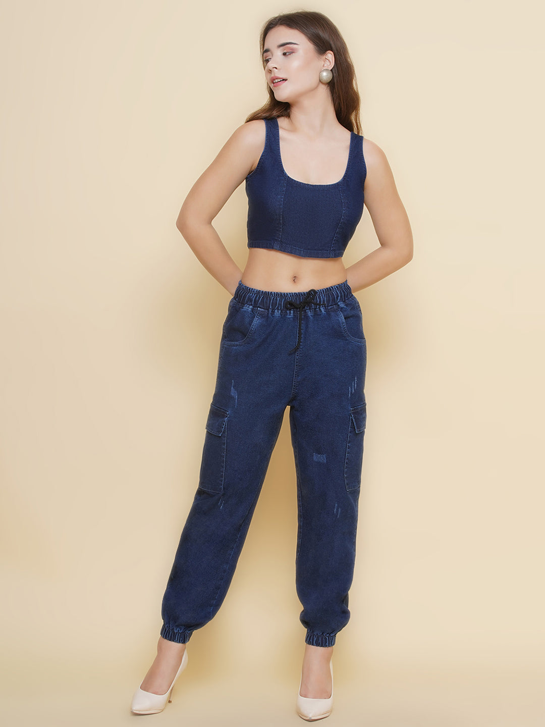 PUELLA Women’s Dark Blue Denim Scoop Neck Sleeveless Crop Tank Top