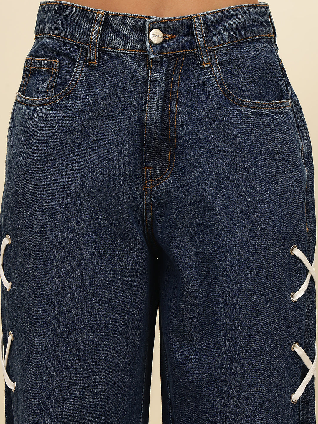 Women’s Dark Blue High-Rise Loose Fit Jeans with Side Lace-Up Detail