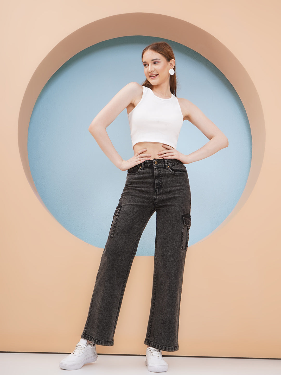 PUELLA Women Black Washed High-Rise Cargo Wide-Leg Jeans