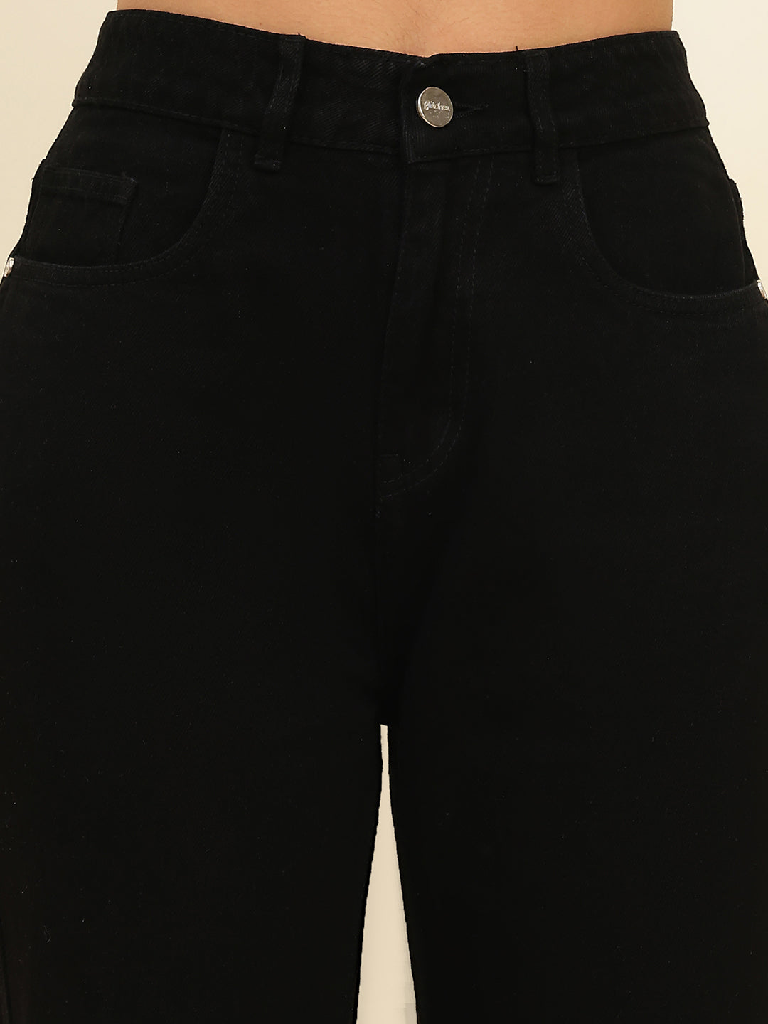 Women’s Black High-Rise Straight Fit Jeans with Ruffled Hem Detail