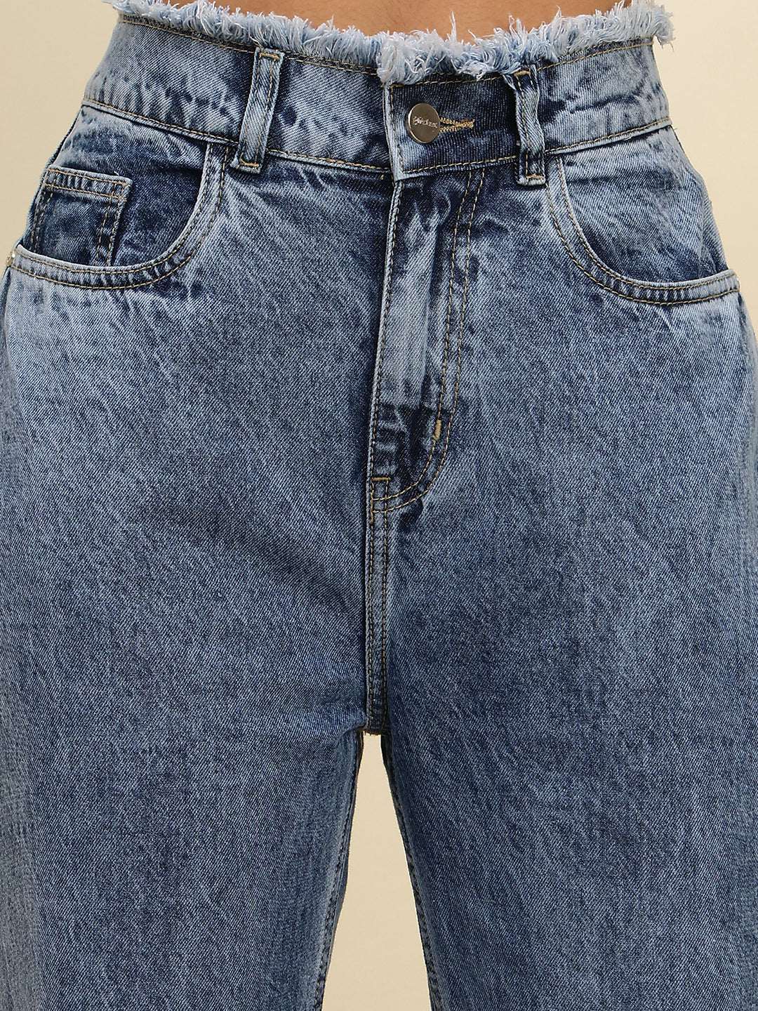 Women’s Blue High-Rise Straight Fit Jeans with Raw Edge Waist and Front Slit