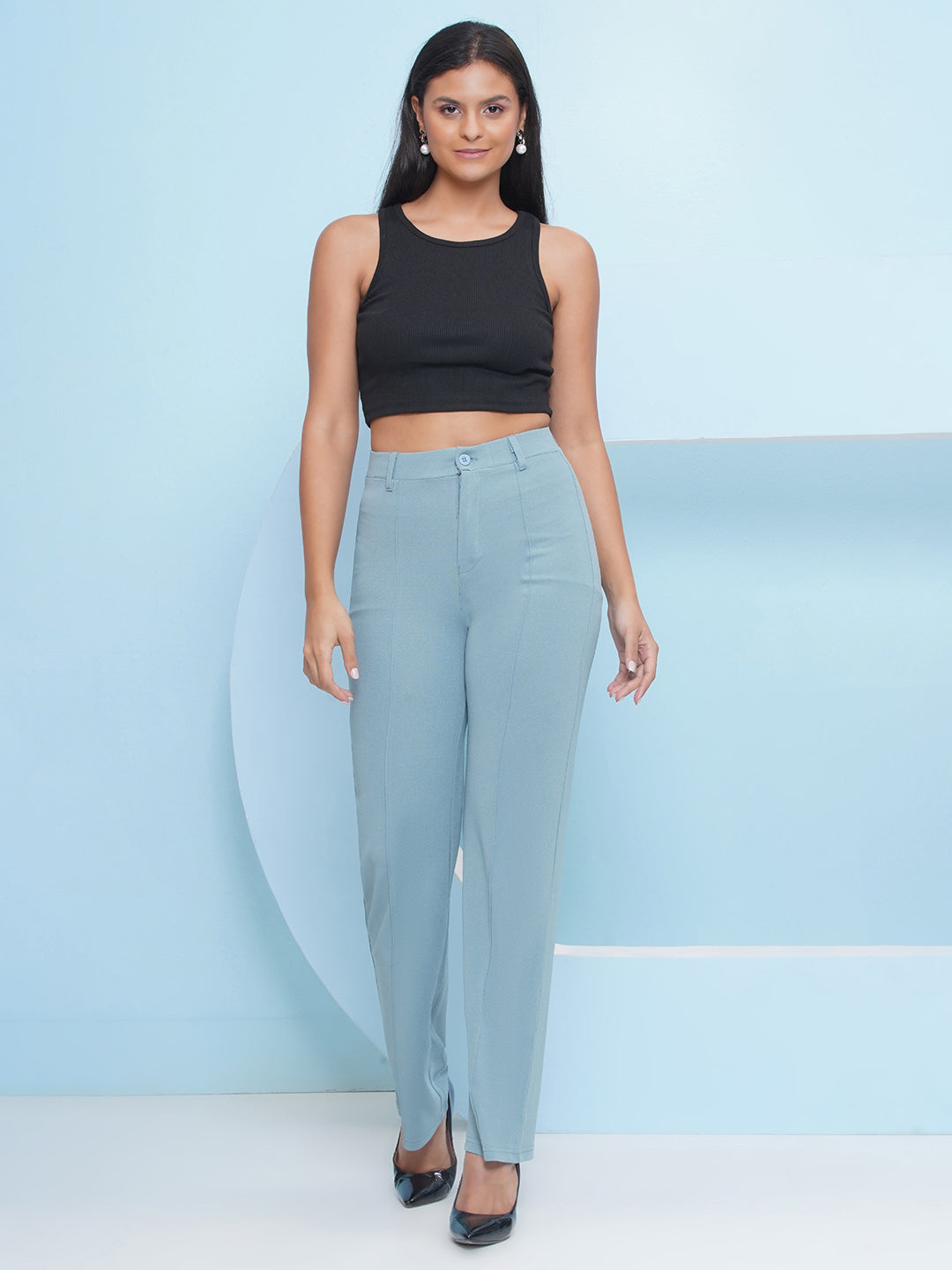 PUELLA Women Light Blue High-Rise Straight Fit Trousers