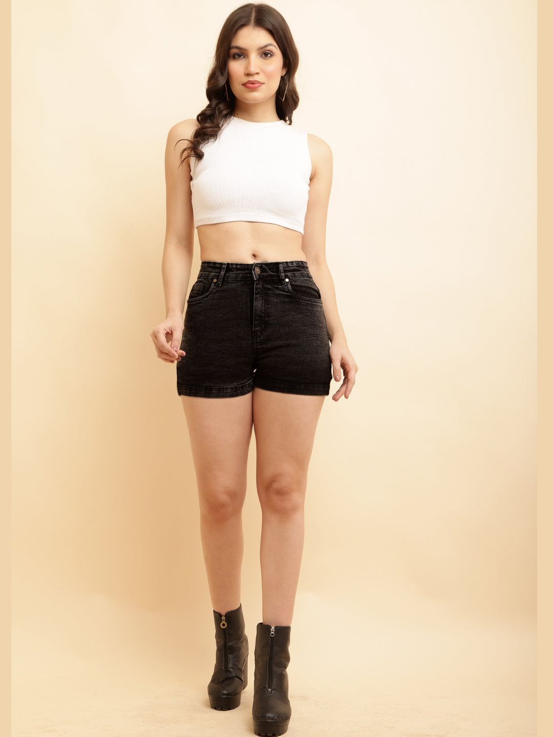 PUELLA Women Charcoal High-Rise Slim Fit Denim Shorts