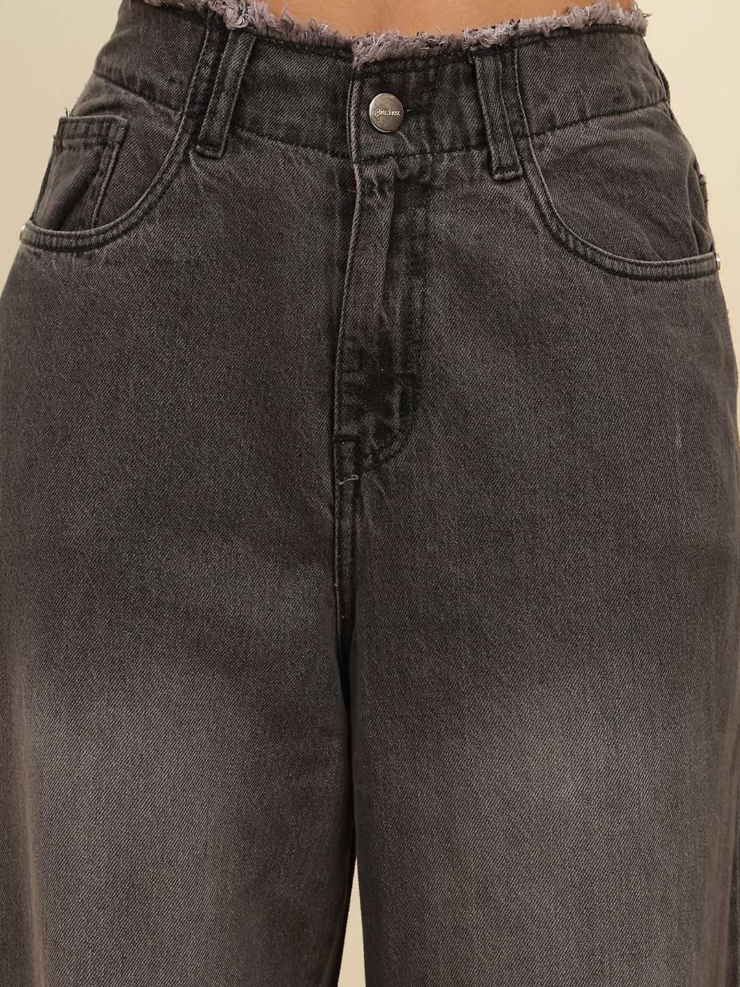 Women’s Grey High-Rise Baggy Fit Distressed Jeans