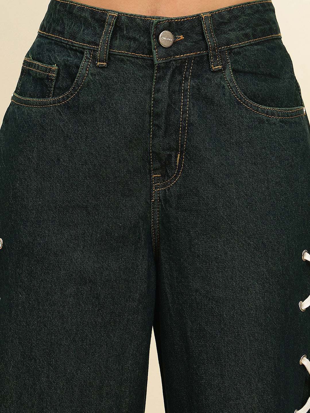 Women’s Green Tint High-Rise Loose Fit Jeans with Side Lace-Up Detail