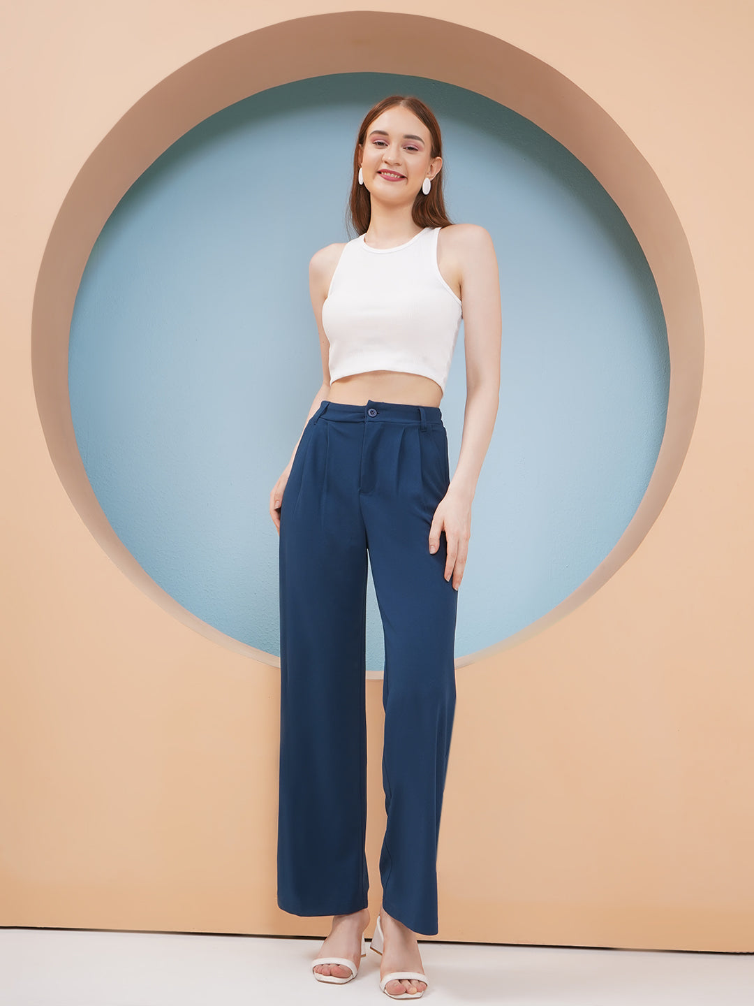 PUELLA Women Navy Blue High-Rise Straight Fit Trousers