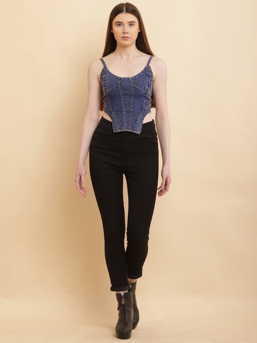 PUELLA Women’s Washed Blue Denim Corset-Style Crop Top with Spaghetti Straps