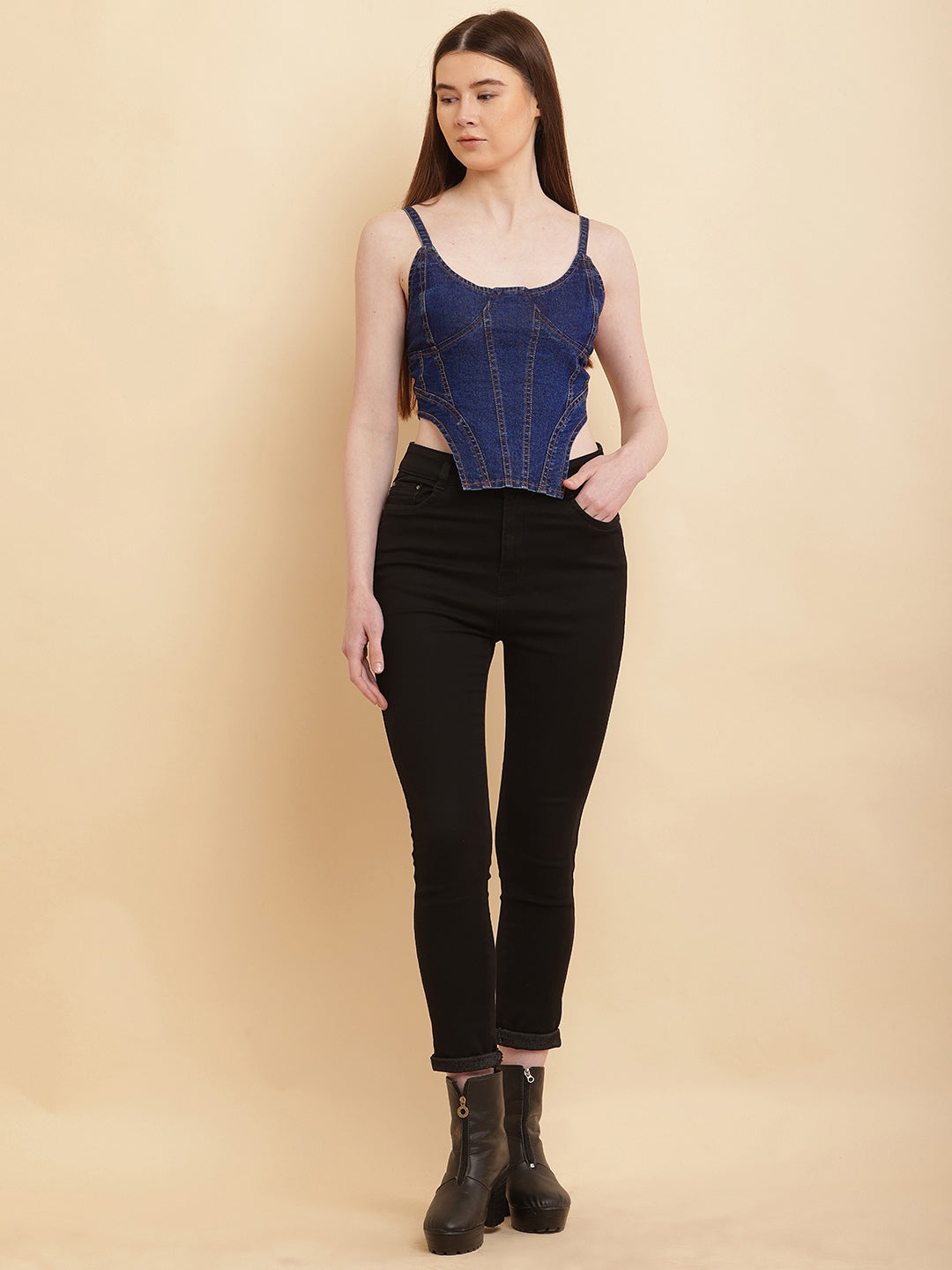 PUELLA Women’s Blue Denim Corset-Style Crop Top with Spaghetti Straps & Back Zipper