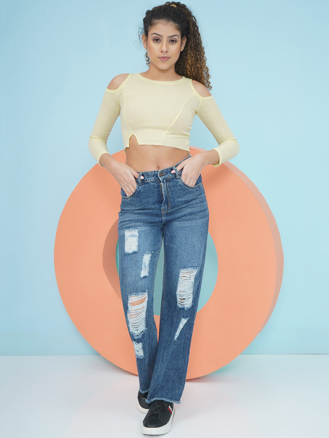 PUELLA Dark Blue High-Rise Highly Distressed Straight Fit Jeans