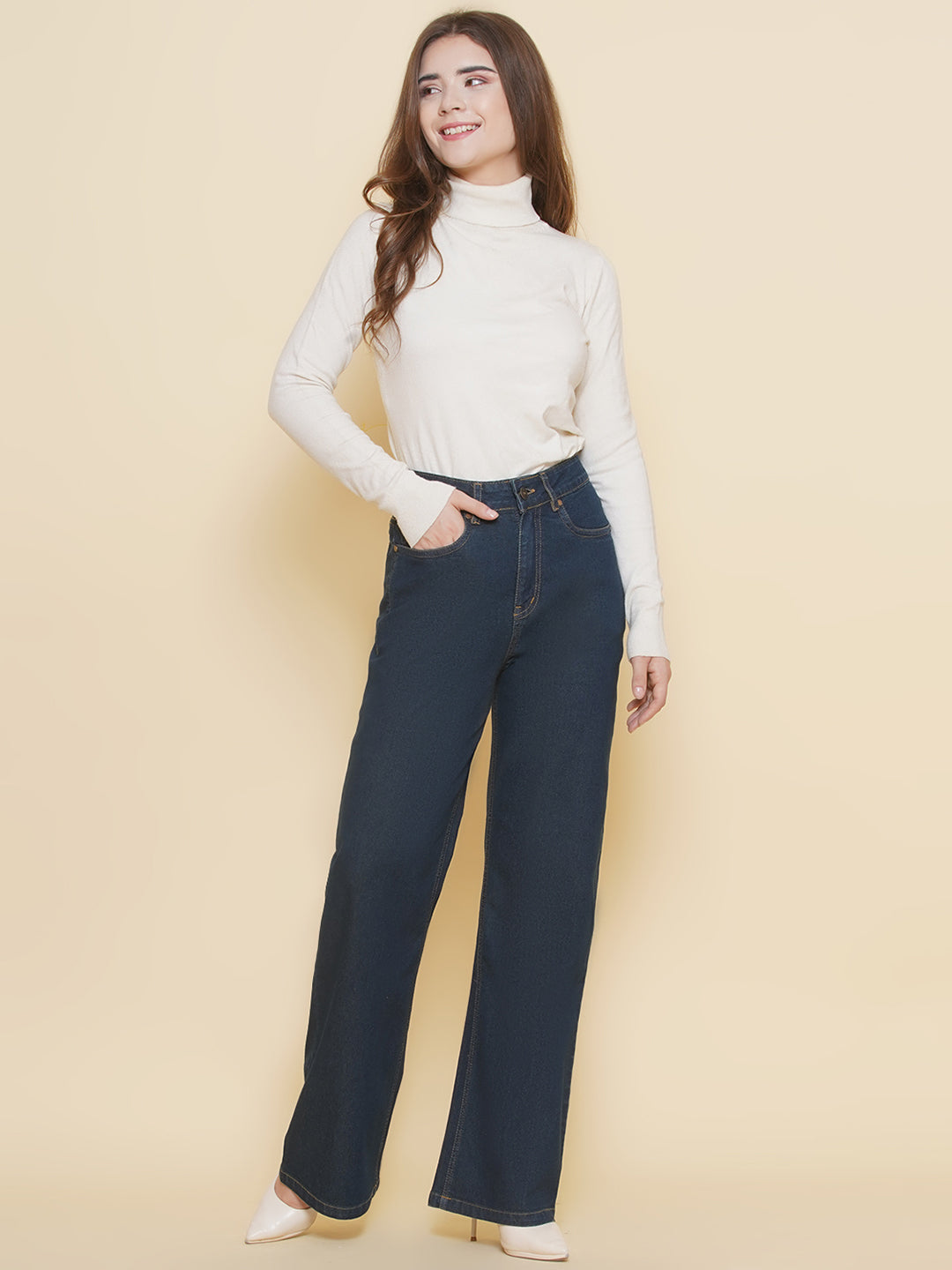 PUELLA Women Dark Indigo High-Rise Wide-Leg Jeans