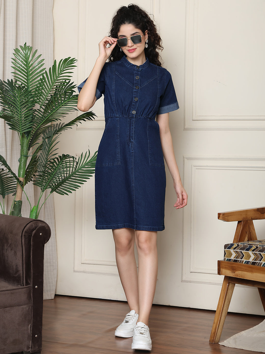 PUELLA Women’s Dark Blue Short Sleeve Denim Shirt Dress