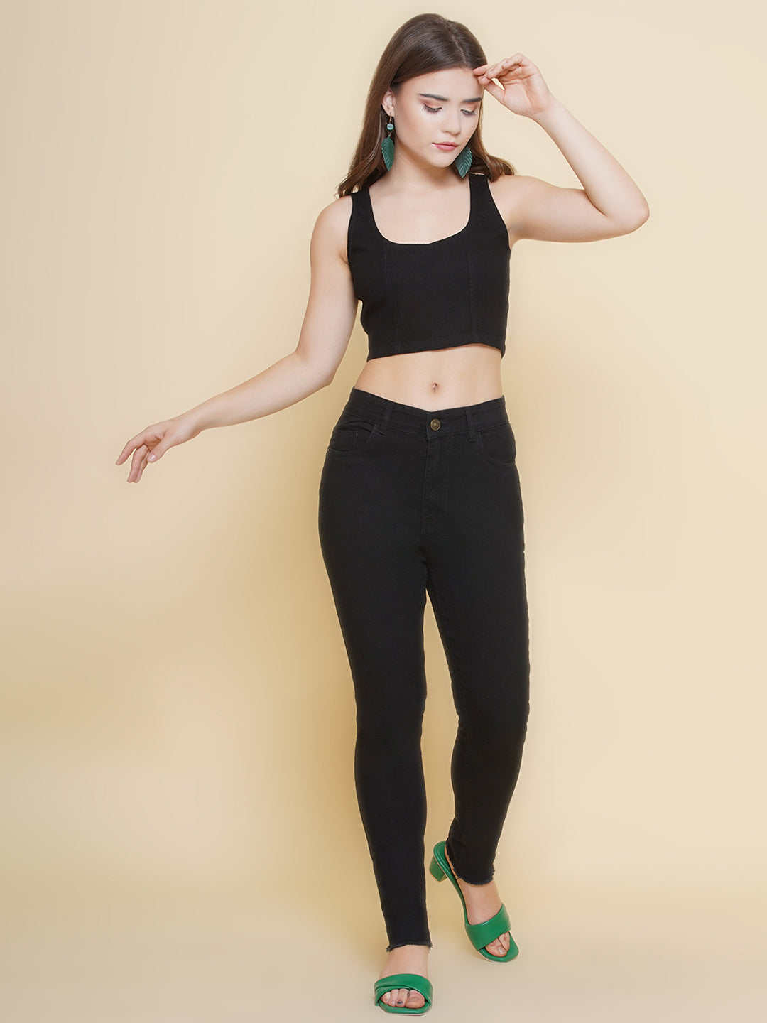 PUELLA Women’s Black Denim Scoop Neck Sleeveless Crop Tank Top